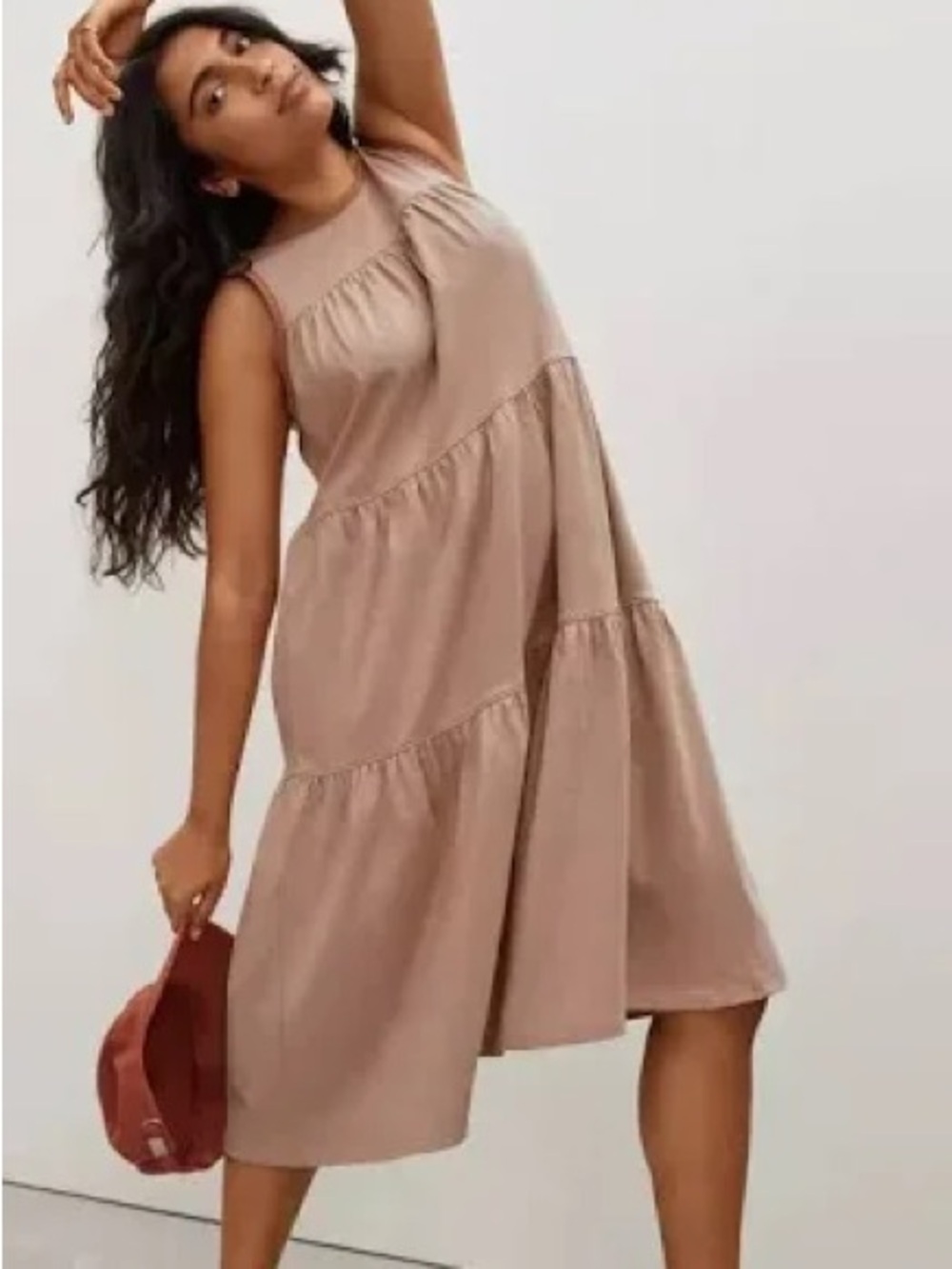 Everlane Women's Size xs Sleeveless Weekend Tiered Midi Dress Brown Cotton